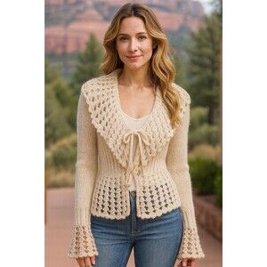 Newport News Off-White Tie-Front Flare Sleeve Knit Cardigan Fairy Whimsy Size L